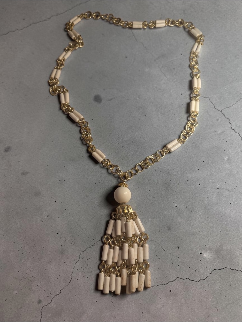 Vintage Gold Chain Necklace with Cream Tassel Pendant - Women's Jewelry
